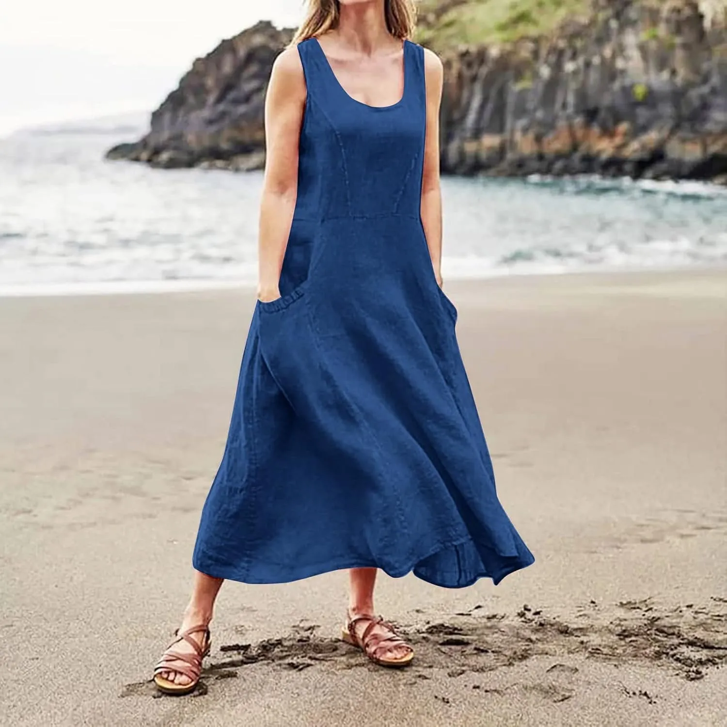 midelxp Summer Sundresses for Women Casual Loose Swing Beach Tank Dresses Sleeveless Solid Color Long Dresses with Pocket