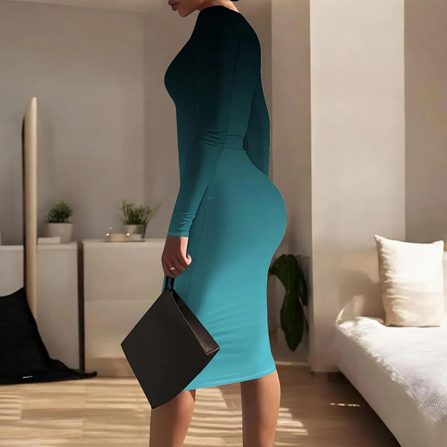 Midi Dresses for Women Long Sleeve Round Neck Slim Fit Casual Ruched Wrap Basic Pencil Above Knee Cocktail Party Dress