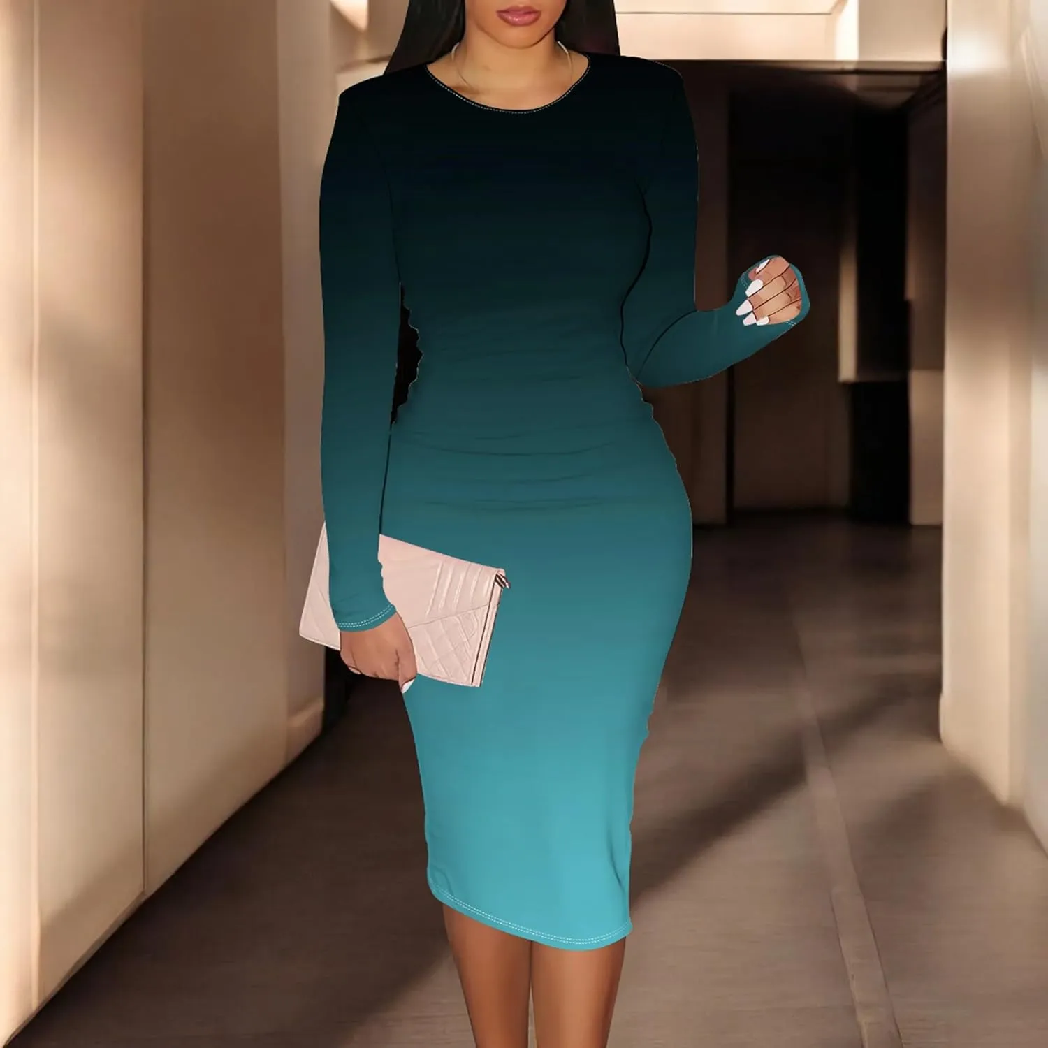 Midi Dresses for Women Long Sleeve Round Neck Slim Fit Casual Ruched Wrap Basic Pencil Above Knee Cocktail Party Dress