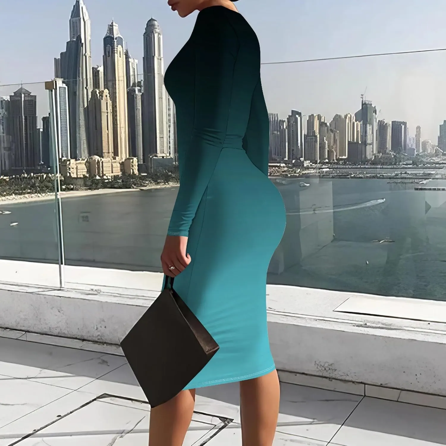 Midi Dresses for Women Long Sleeve Round Neck Slim Fit Casual Ruched Wrap Basic Pencil Above Knee Cocktail Party Dress