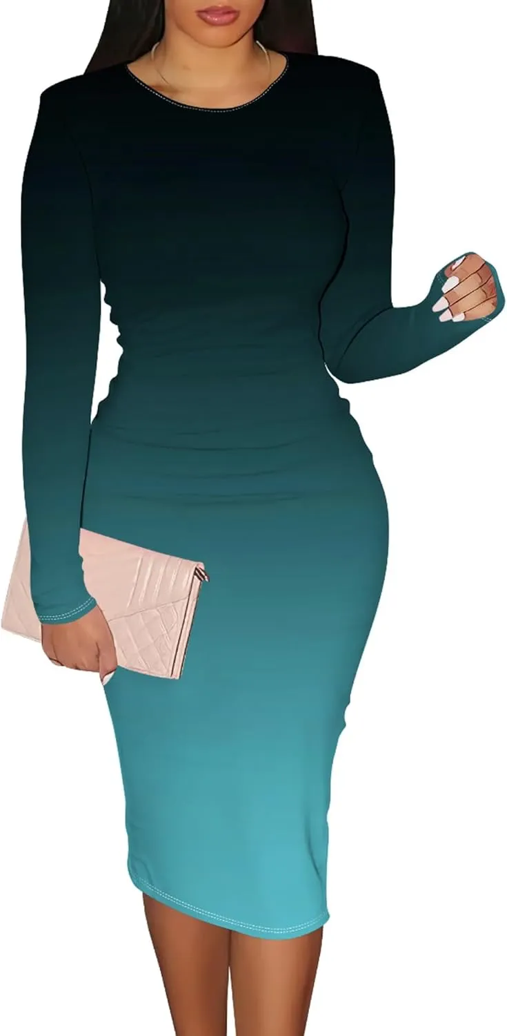 Midi Dresses for Women Long Sleeve Round Neck Slim Fit Casual Ruched Wrap Basic Pencil Above Knee Cocktail Party Dress