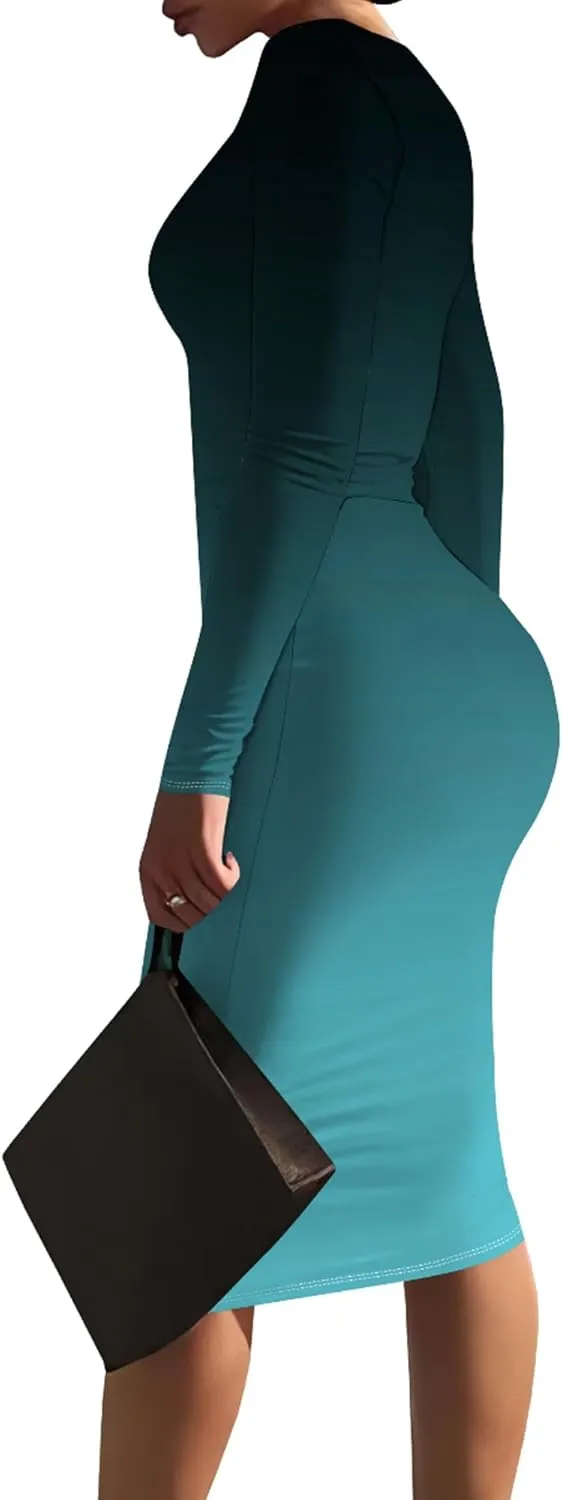 Midi Dresses for Women Long Sleeve Round Neck Slim Fit Casual Ruched Wrap Basic Pencil Above Knee Cocktail Party Dress