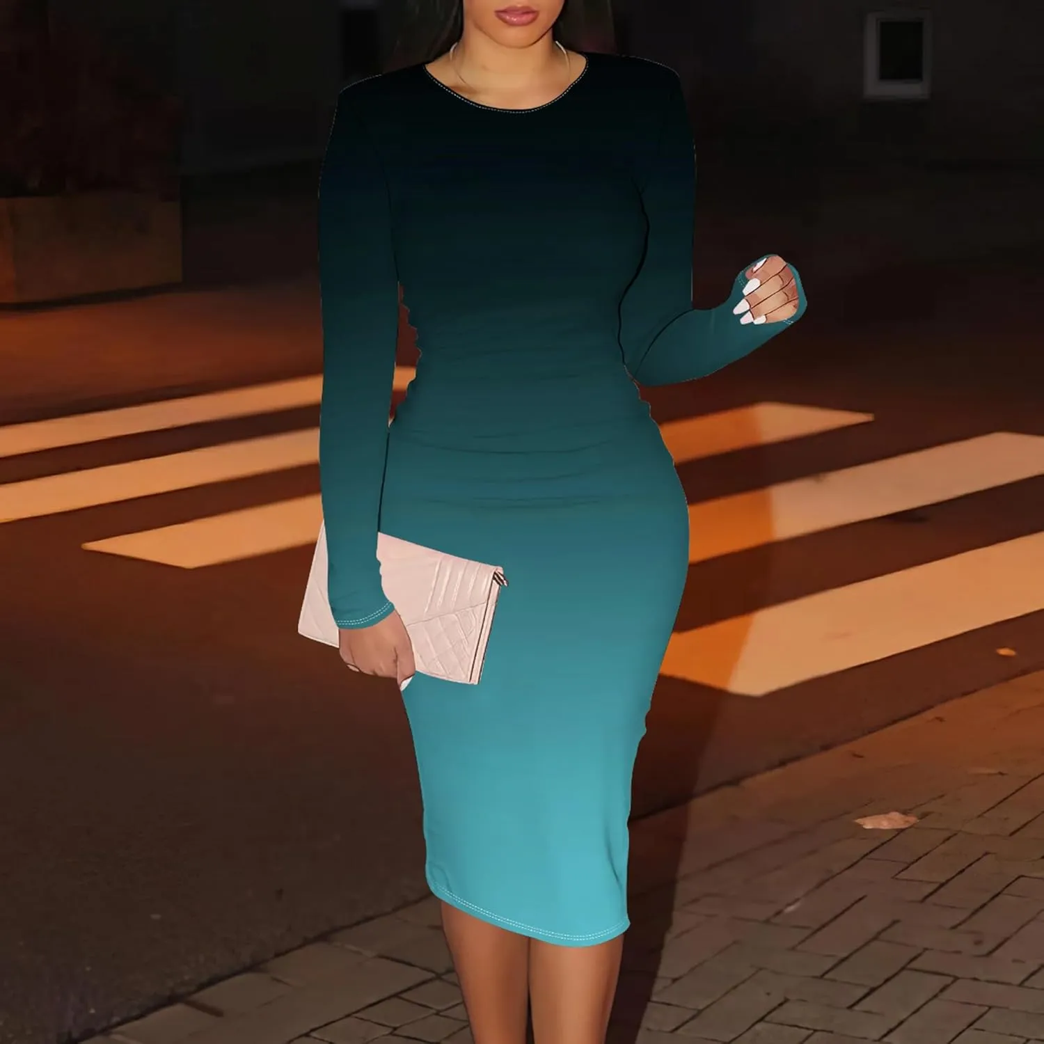 Midi Dresses for Women Long Sleeve Round Neck Slim Fit Casual Ruched Wrap Basic Pencil Above Knee Cocktail Party Dress