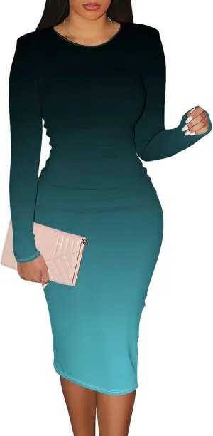 Midi Dresses for Women Long Sleeve Round Neck Slim Fit Casual Ruched Wrap Basic Pencil Above Knee Cocktail Party Dress