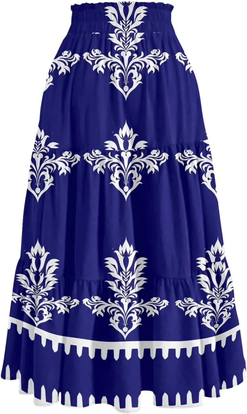 Midi Skirts for Women 2025 High Elastic Waisted Tiered Ruffle Skirt Flowy A Line Boho Floral Skirts Skorts with Pockets