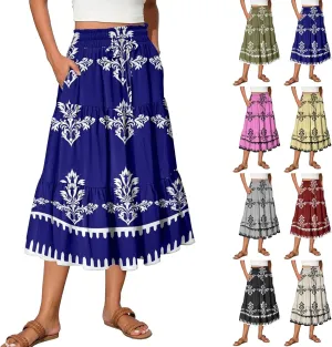 Midi Skirts for Women 2025 High Elastic Waisted Tiered Ruffle Skirt Flowy A Line Boho Floral Skirts Skorts with Pockets