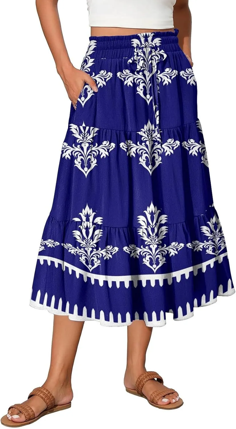 Midi Skirts for Women 2025 High Elastic Waisted Tiered Ruffle Skirt Flowy A Line Boho Floral Skirts Skorts with Pockets