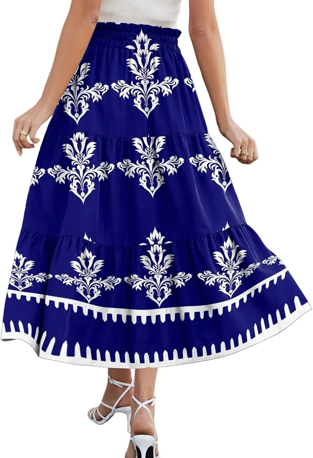 Midi Skirts for Women 2025 High Elastic Waisted Tiered Ruffle Skirt Flowy A Line Boho Floral Skirts Skorts with Pockets