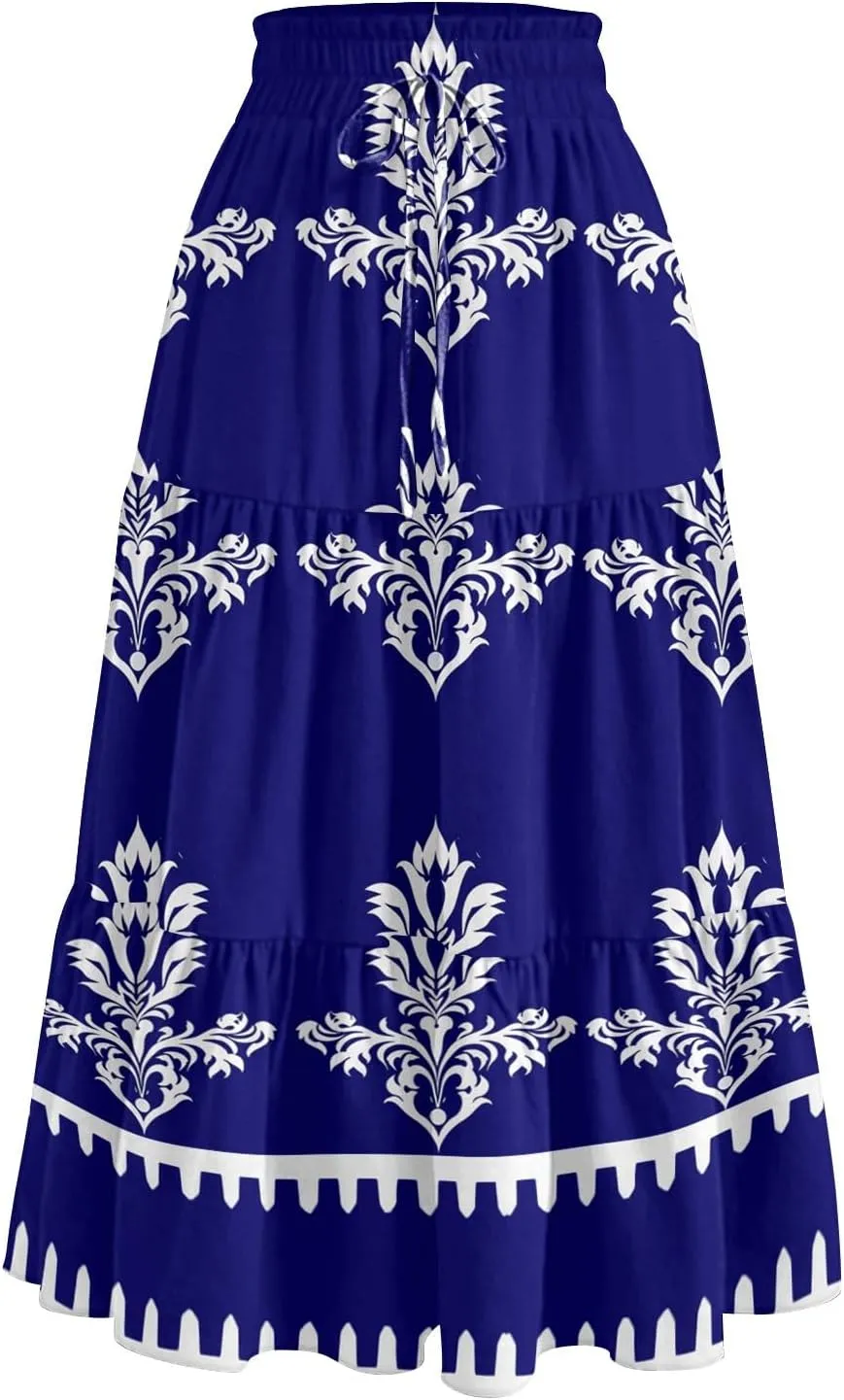 Midi Skirts for Women 2025 High Elastic Waisted Tiered Ruffle Skirt Flowy A Line Boho Floral Skirts Skorts with Pockets