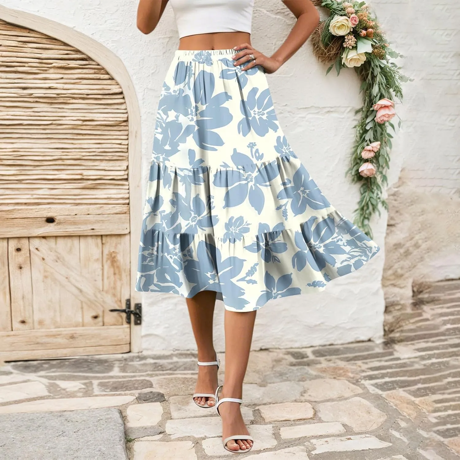 Midi Skirts for Women Summer Elastic High Waisted Floral Skirt Trendy Ruffle Tiered Cute Boho Skirt with Pockets