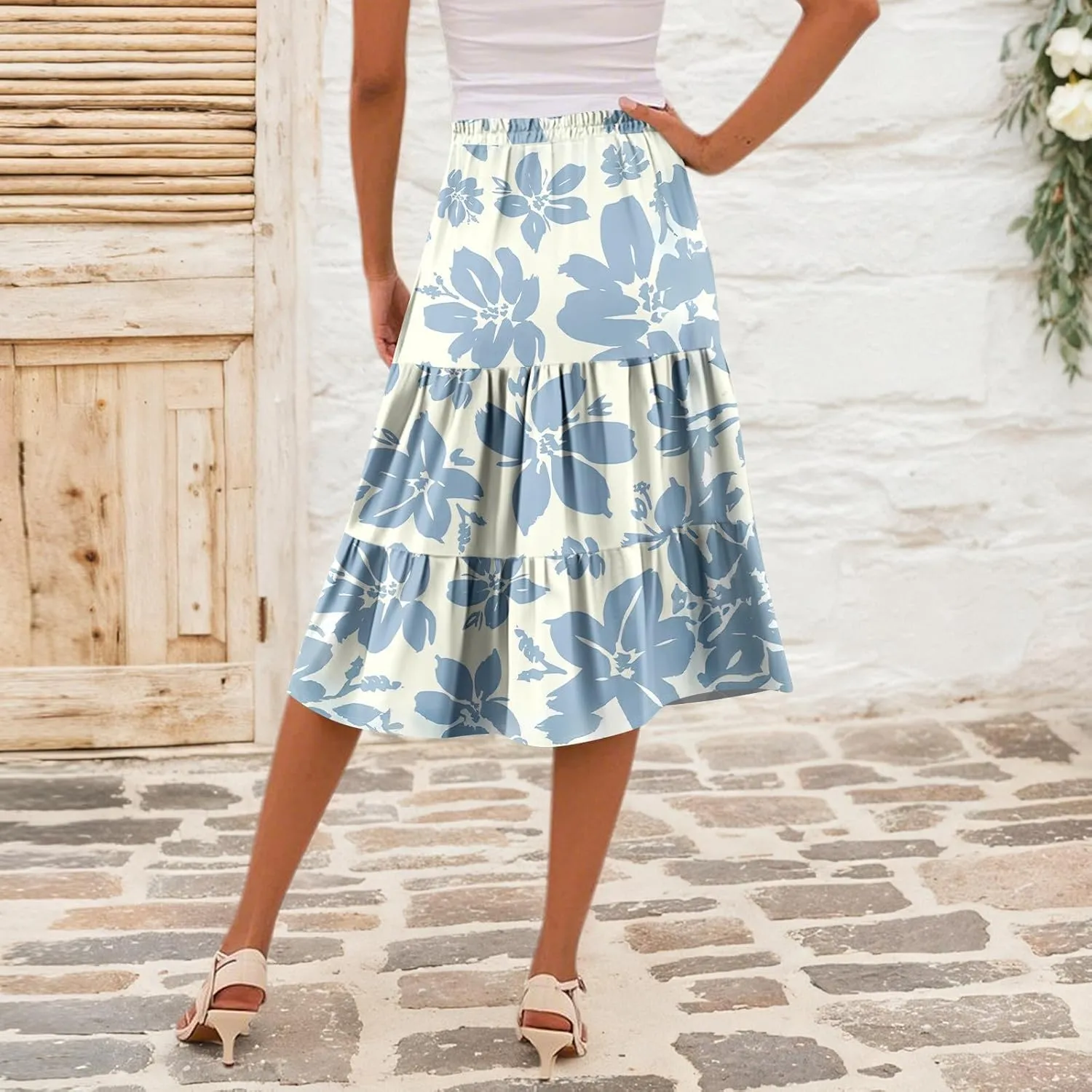 Midi Skirts for Women Summer Elastic High Waisted Floral Skirt Trendy Ruffle Tiered Cute Boho Skirt with Pockets