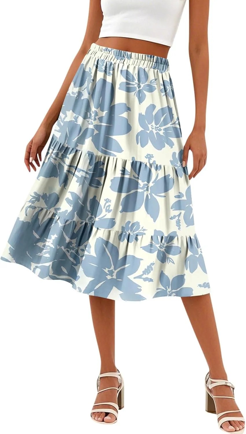 Midi Skirts for Women Summer Elastic High Waisted Floral Skirt Trendy Ruffle Tiered Cute Boho Skirt with Pockets