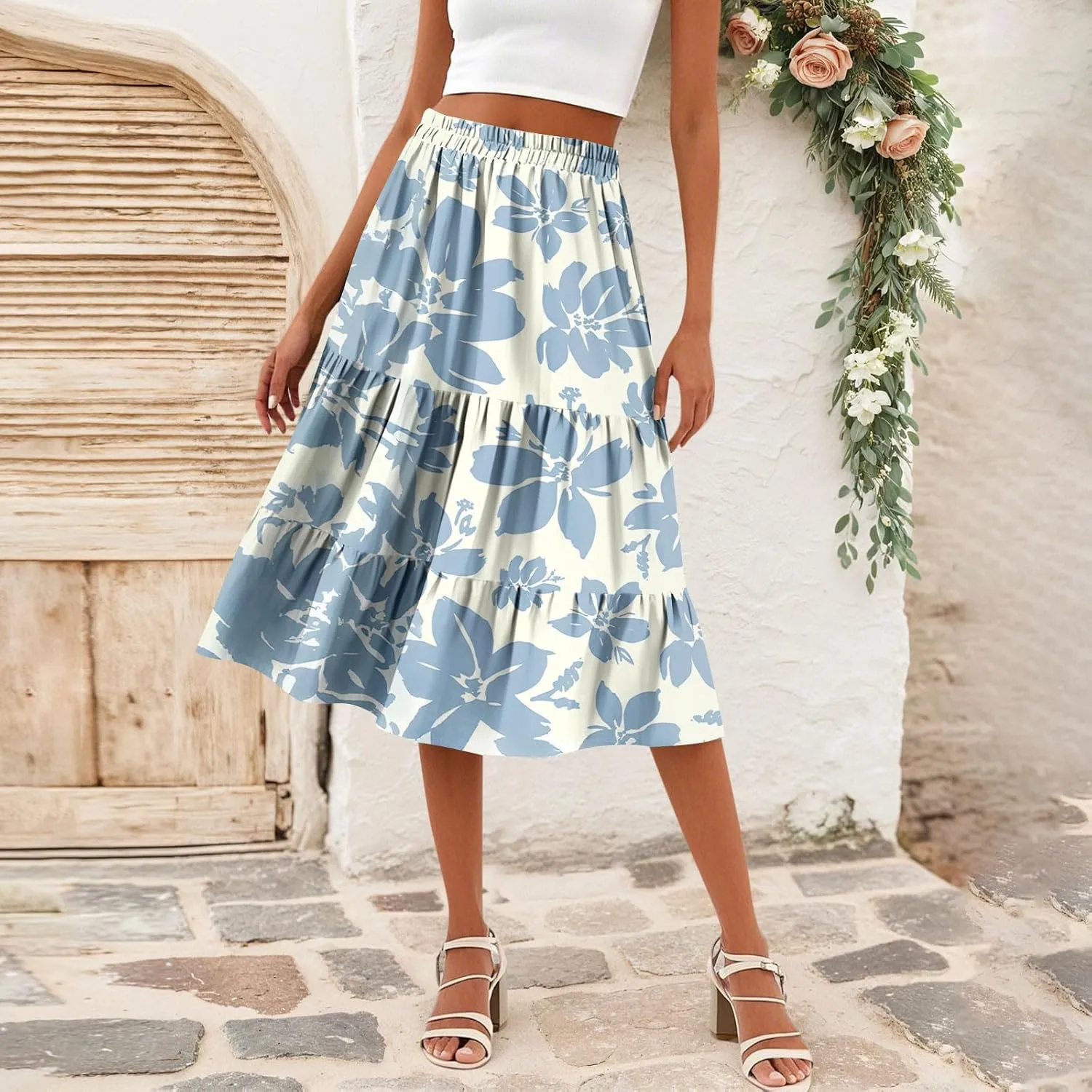Midi Skirts for Women Summer Elastic High Waisted Floral Skirt Trendy Ruffle Tiered Cute Boho Skirt with Pockets