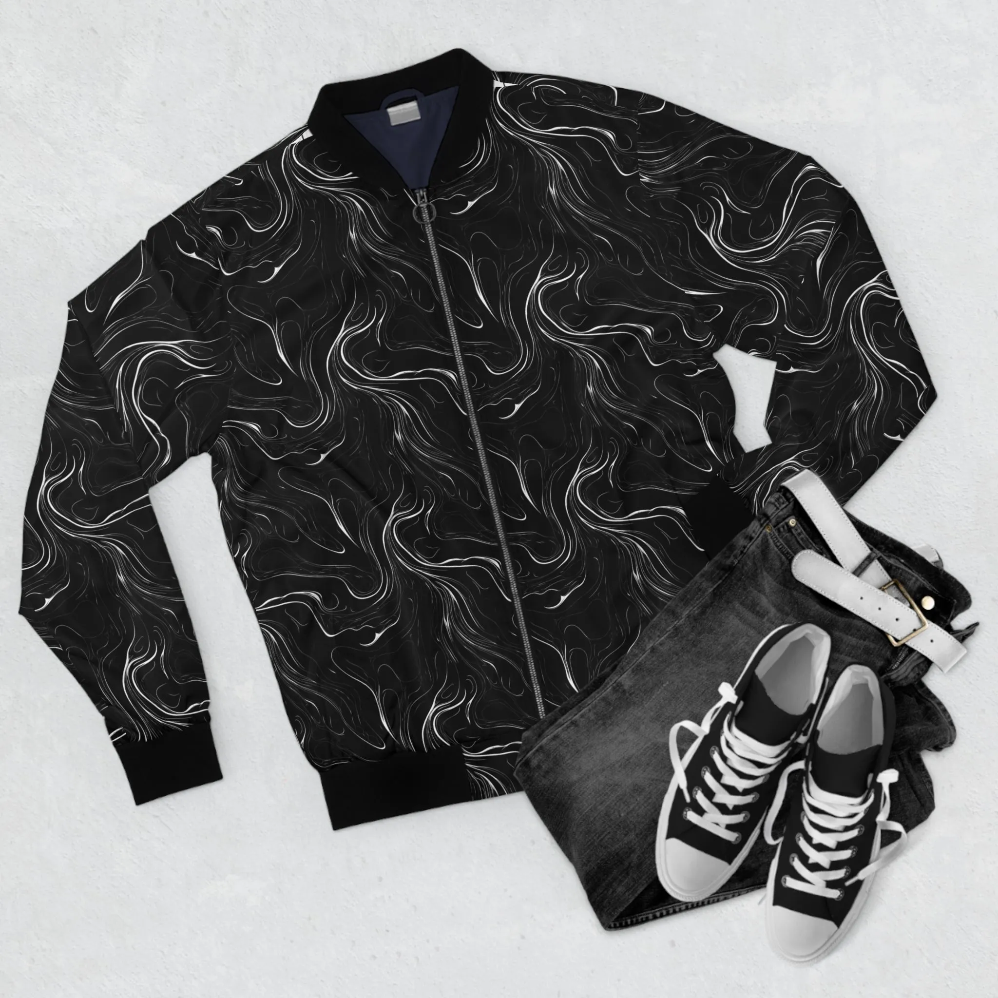 Minimal Black and White Ink Pattern Lightweight Bomber Jacket