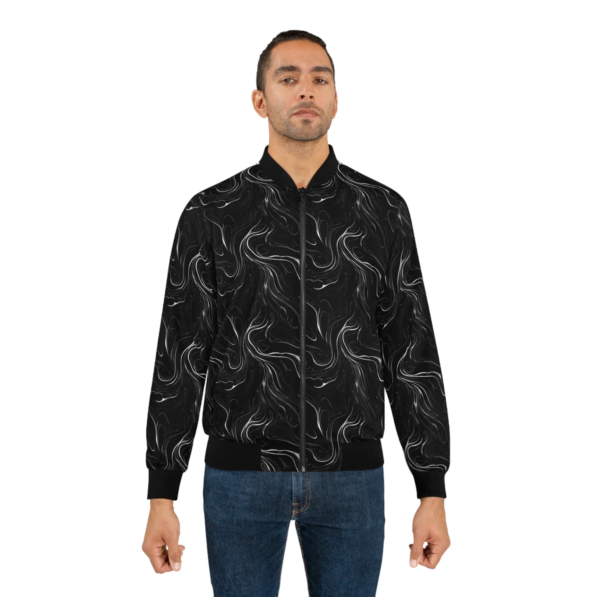 Minimal Black and White Ink Pattern Lightweight Bomber Jacket