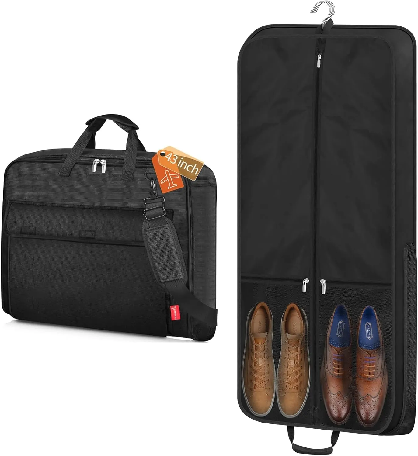 MISSLO Carry On Garment Bags for Travel with Shoulder Strap 43'' Suit Bags for Men Travel 2 in 1 Waterproof Suit Cover with 3 Pockets for Business Trip, Black
