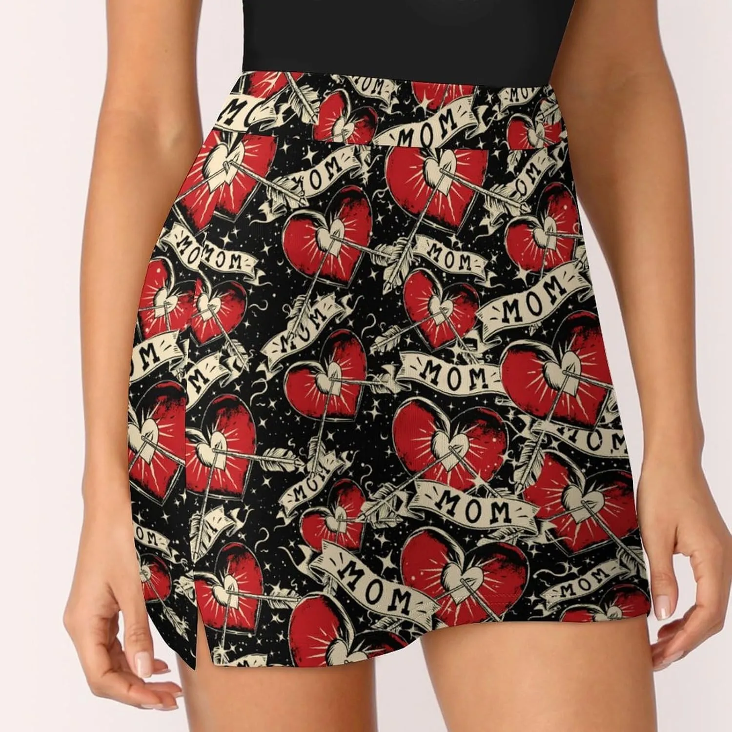 MOM Heart Arrow Tattoo Women's Skort Athletic Skirt Golf Skorts A-line Skirts with Built-in Shorts Pockets
