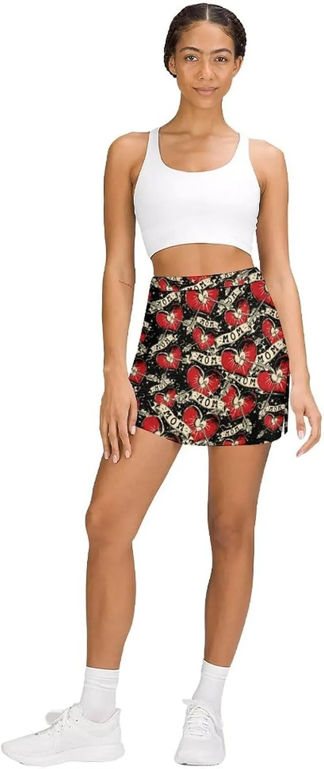 MOM Heart Arrow Tattoo Women's Skort Athletic Skirt Golf Skorts A-line Skirts with Built-in Shorts Pockets