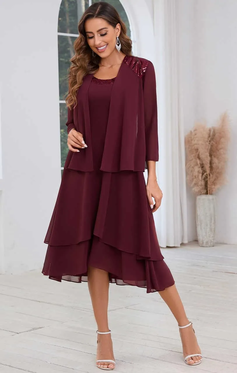 Mother of The Bride Dresses for Wedding Scoop Neck A Line Tea Length Chiffon Women's Formal Dress with Jacket