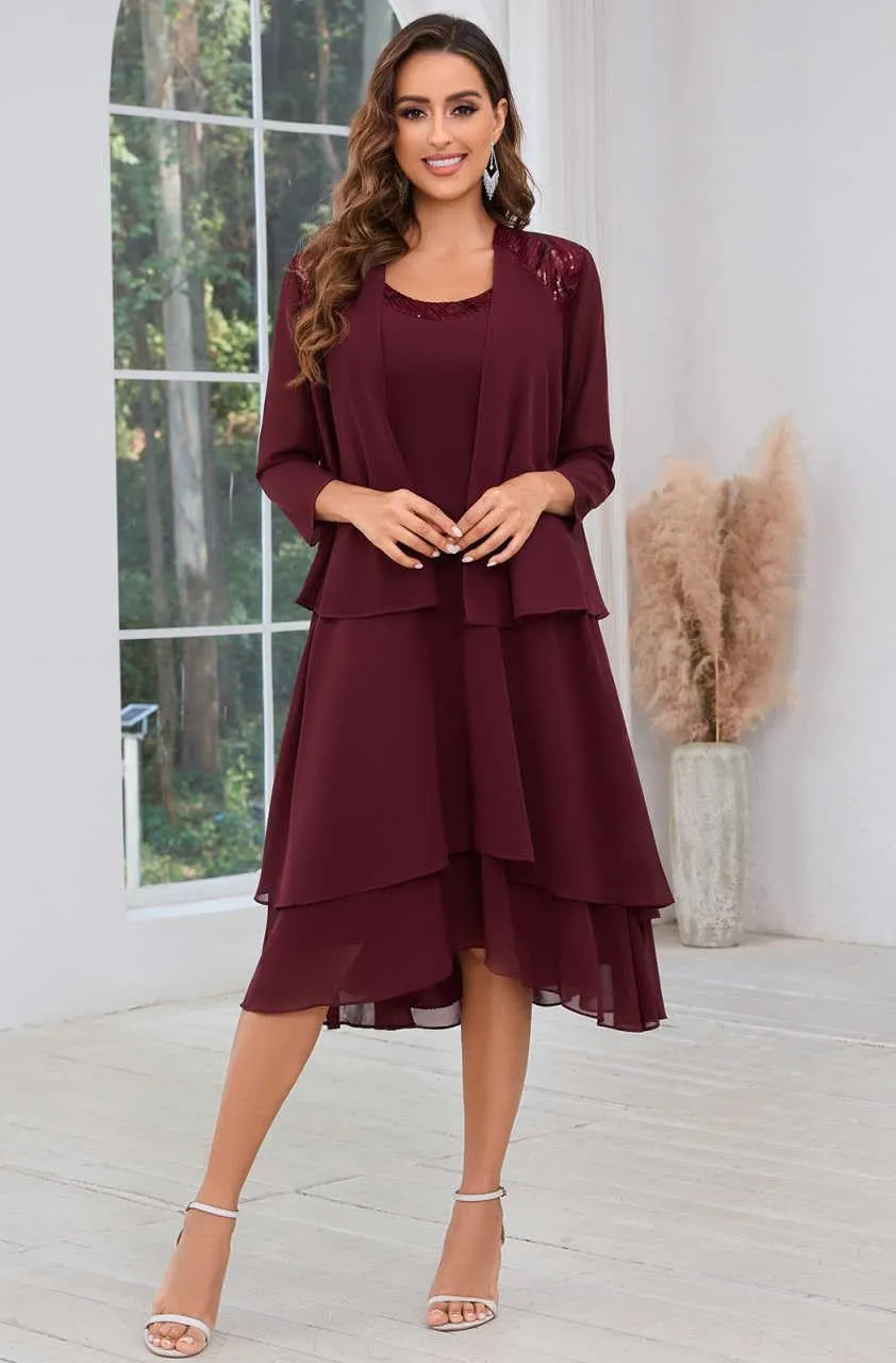 Mother of The Bride Dresses for Wedding Scoop Neck A Line Tea Length Chiffon Women's Formal Dress with Jacket