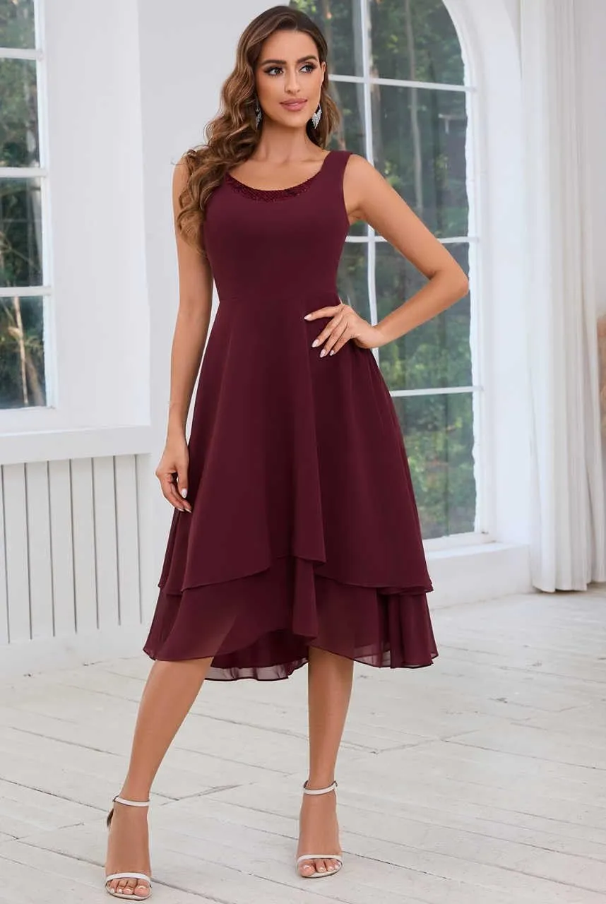 Mother of The Bride Dresses for Wedding Scoop Neck A Line Tea Length Chiffon Women's Formal Dress with Jacket