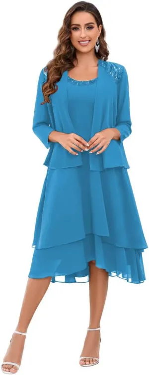 Mother of The Bride Dresses for Wedding Scoop Neck A Line Tea Length Chiffon Women's Formal Dress with Jacket