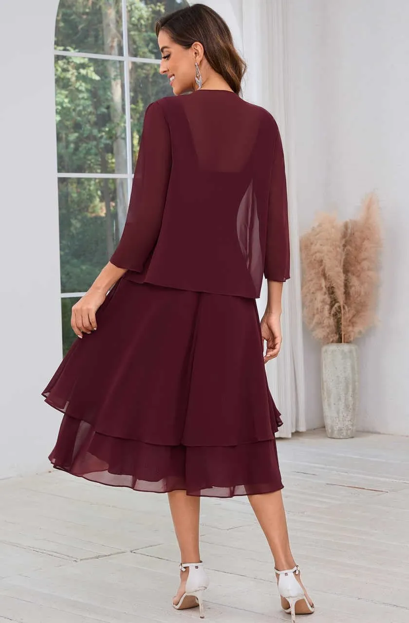 Mother of The Bride Dresses for Wedding Scoop Neck A Line Tea Length Chiffon Women's Formal Dress with Jacket