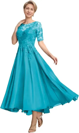Mother of The Bride Dresses for Wedding Tea Length Lace Chiffon 3/4 Sleeves Formal Evening Gowns