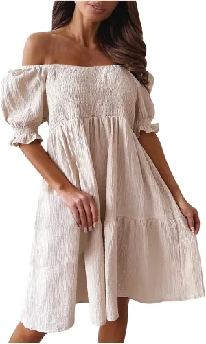NaRHbrg Women's Off Shoulder Mini Dress Smocked Flowy Short Sleeve Ruffle Hem Summer Casual Beach Party Sundress Lightweight