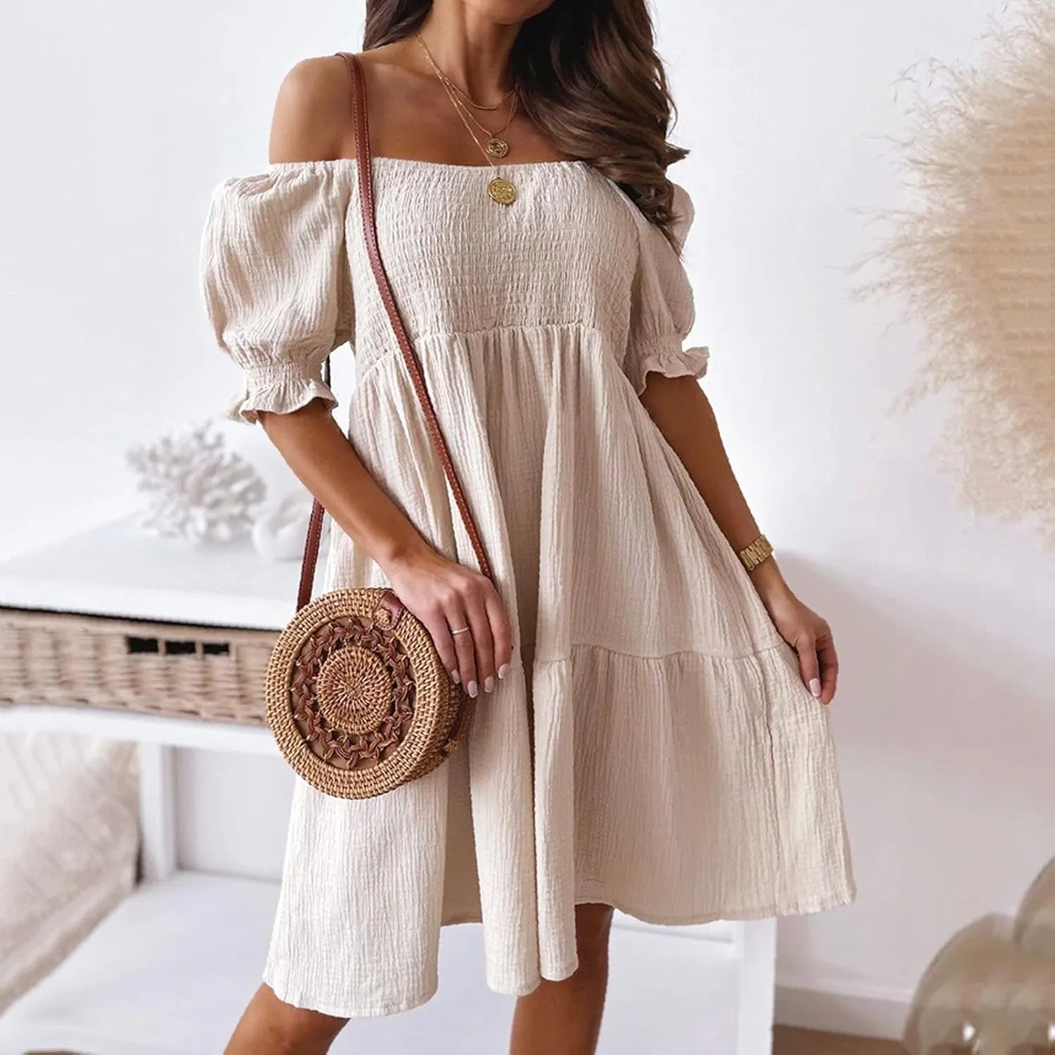 NaRHbrg Women's Off Shoulder Mini Dress Smocked Flowy Short Sleeve Ruffle Hem Summer Casual Beach Party Sundress Lightweight