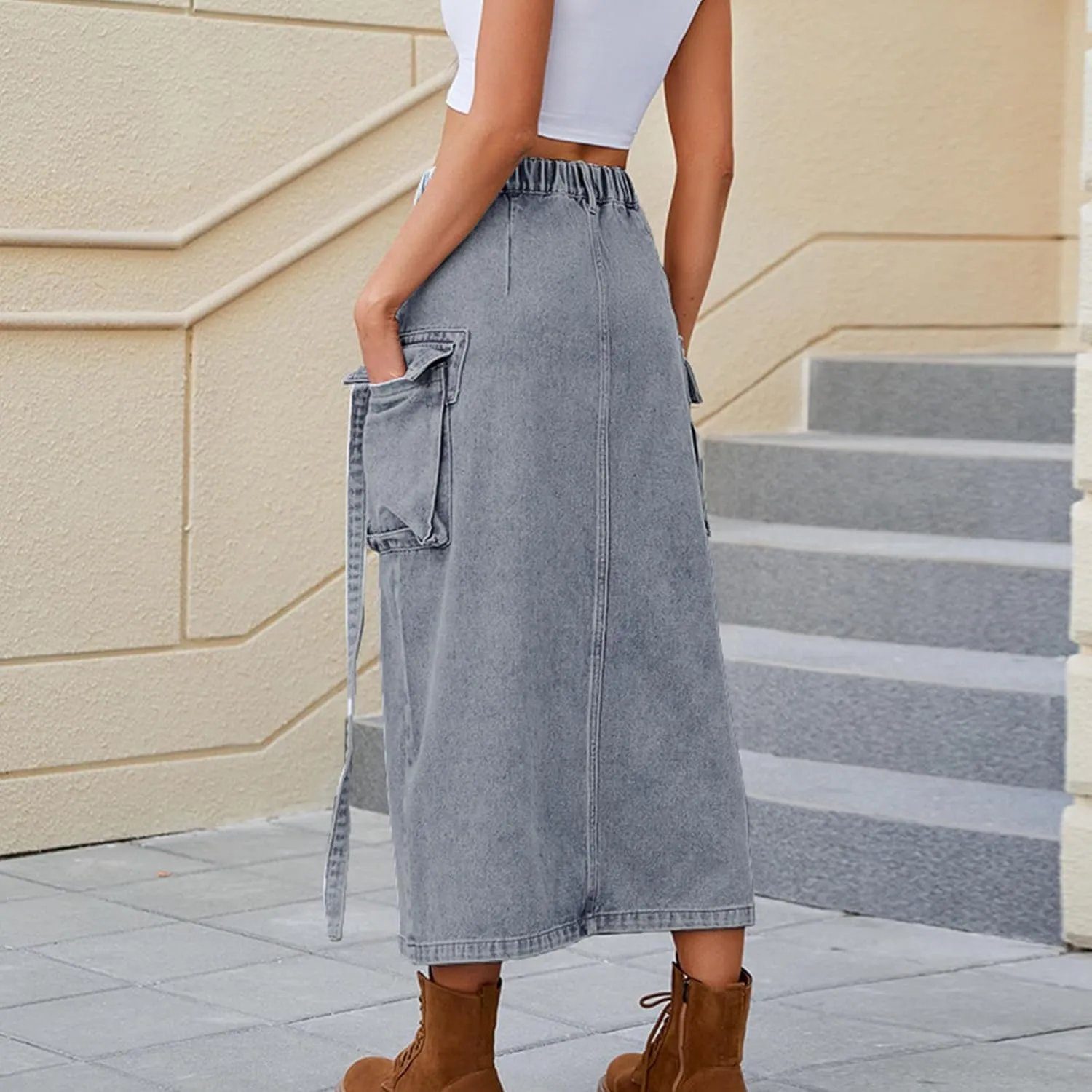 NATHGAM Womens Denim Skirts High Waisted Midi Cargo Skirt Washed Distressed Button Up Jean Skirt Front Slit A-Line Jean Skirt