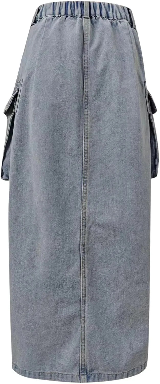 NATHGAM Womens Denim Skirts High Waisted Midi Cargo Skirt Washed Distressed Button Up Jean Skirt Front Slit A-Line Jean Skirt