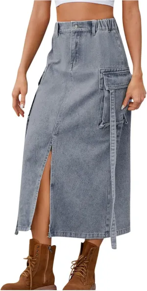 NATHGAM Womens Denim Skirts High Waisted Midi Cargo Skirt Washed Distressed Button Up Jean Skirt Front Slit A-Line Jean Skirt