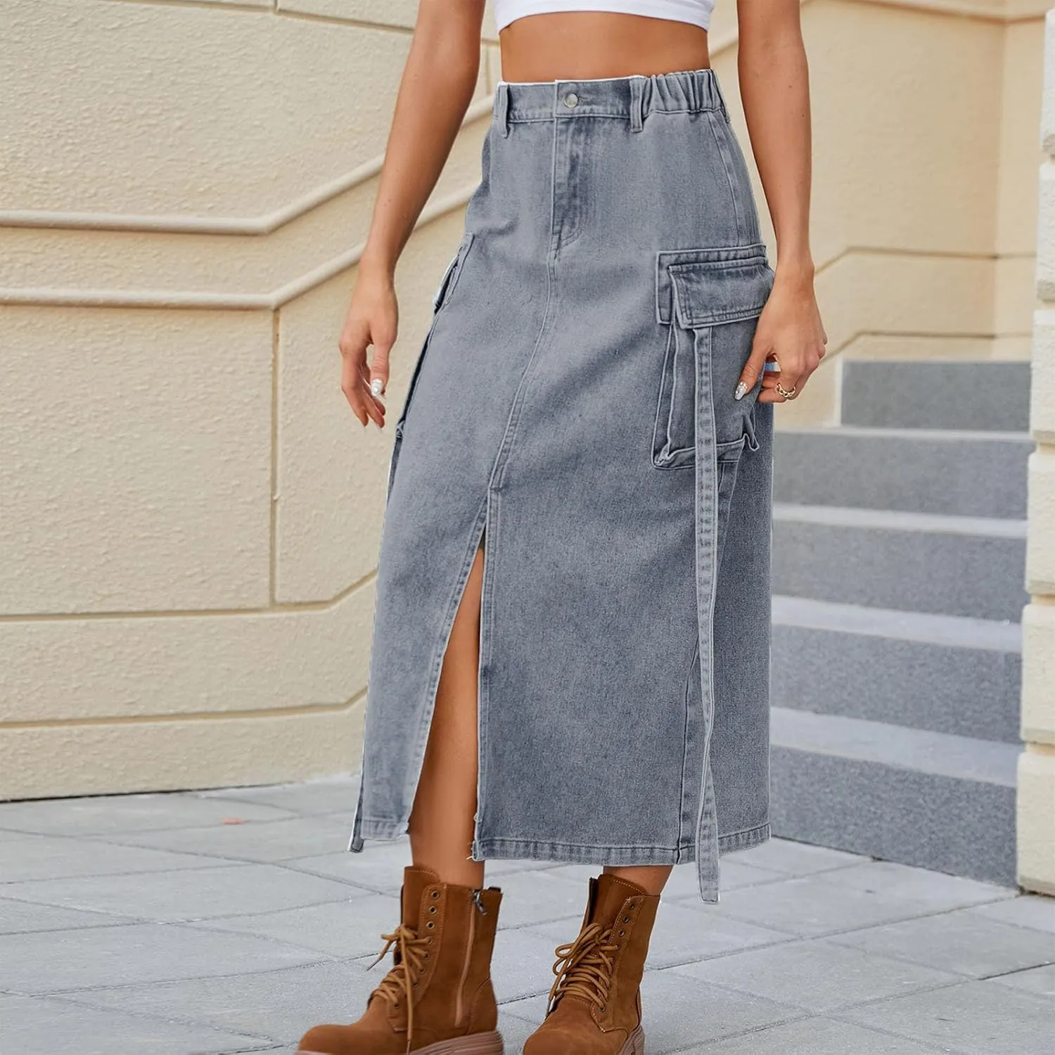 NATHGAM Womens Denim Skirts High Waisted Midi Cargo Skirt Washed Distressed Button Up Jean Skirt Front Slit A-Line Jean Skirt