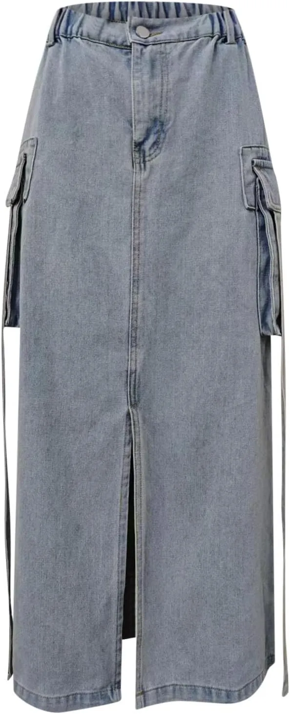 NATHGAM Womens Denim Skirts High Waisted Midi Cargo Skirt Washed Distressed Button Up Jean Skirt Front Slit A-Line Jean Skirt