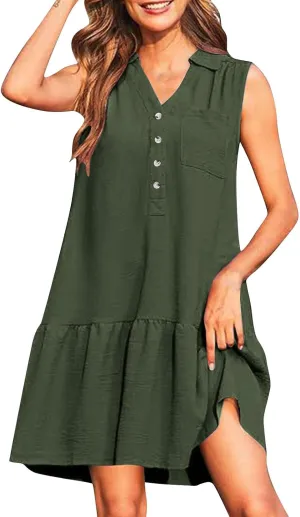 Oplxuo Women's Summer Mini Dress Sleeveless Lapel V-Neck Button Short Tank Sundress Flowy Ruffle Tiered Beach Vacation Dress