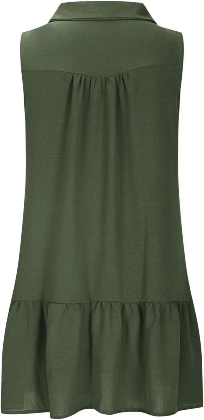 Oplxuo Women's Summer Mini Dress Sleeveless Lapel V-Neck Button Short Tank Sundress Flowy Ruffle Tiered Beach Vacation Dress