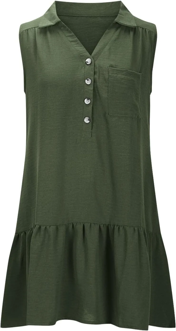 Oplxuo Women's Summer Mini Dress Sleeveless Lapel V-Neck Button Short Tank Sundress Flowy Ruffle Tiered Beach Vacation Dress