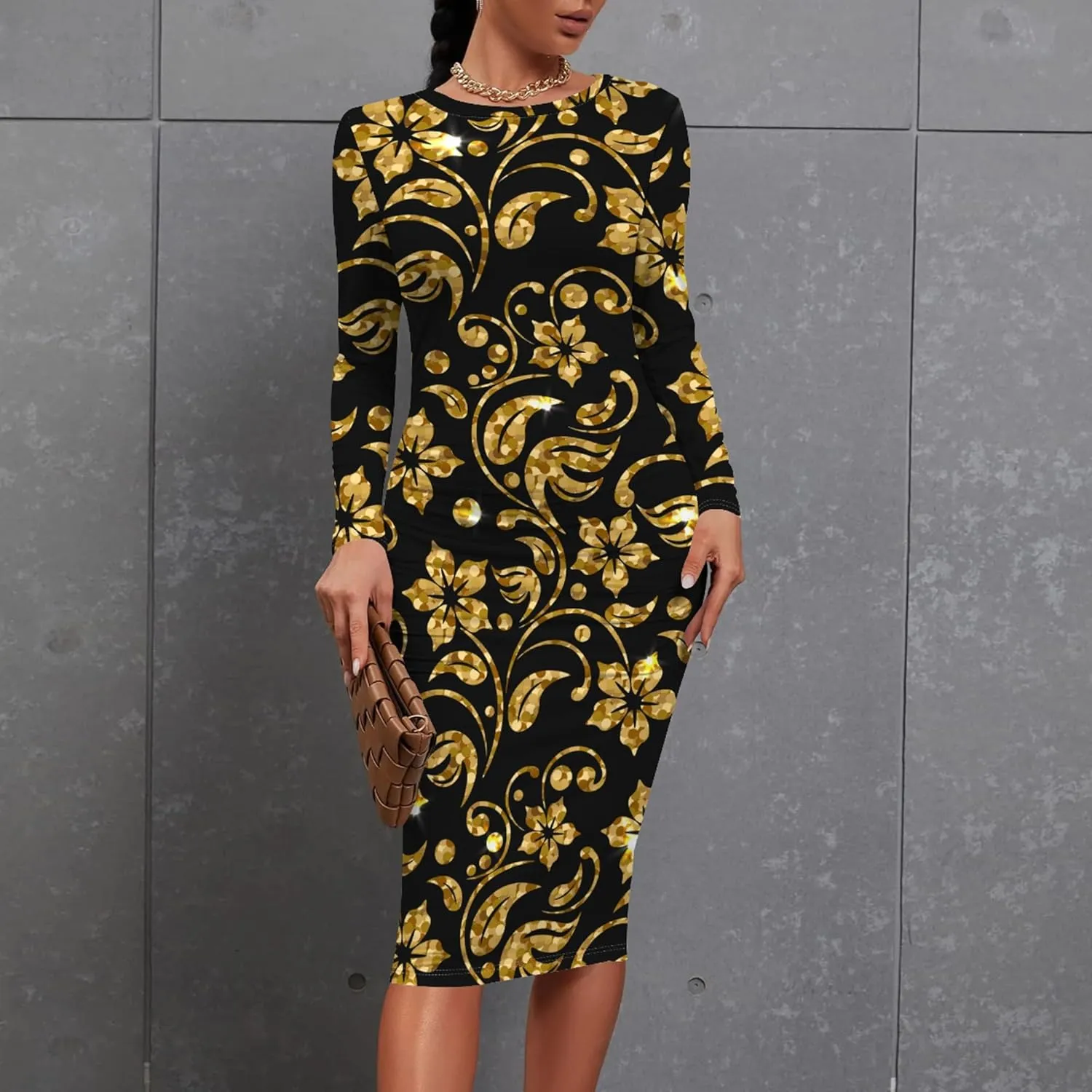 Plus Size Dresses for Curvy Women Casual Trendy Long Sleeve Round Neck Wrap Ruched Pencil Above Knee Party Club Midi Dress