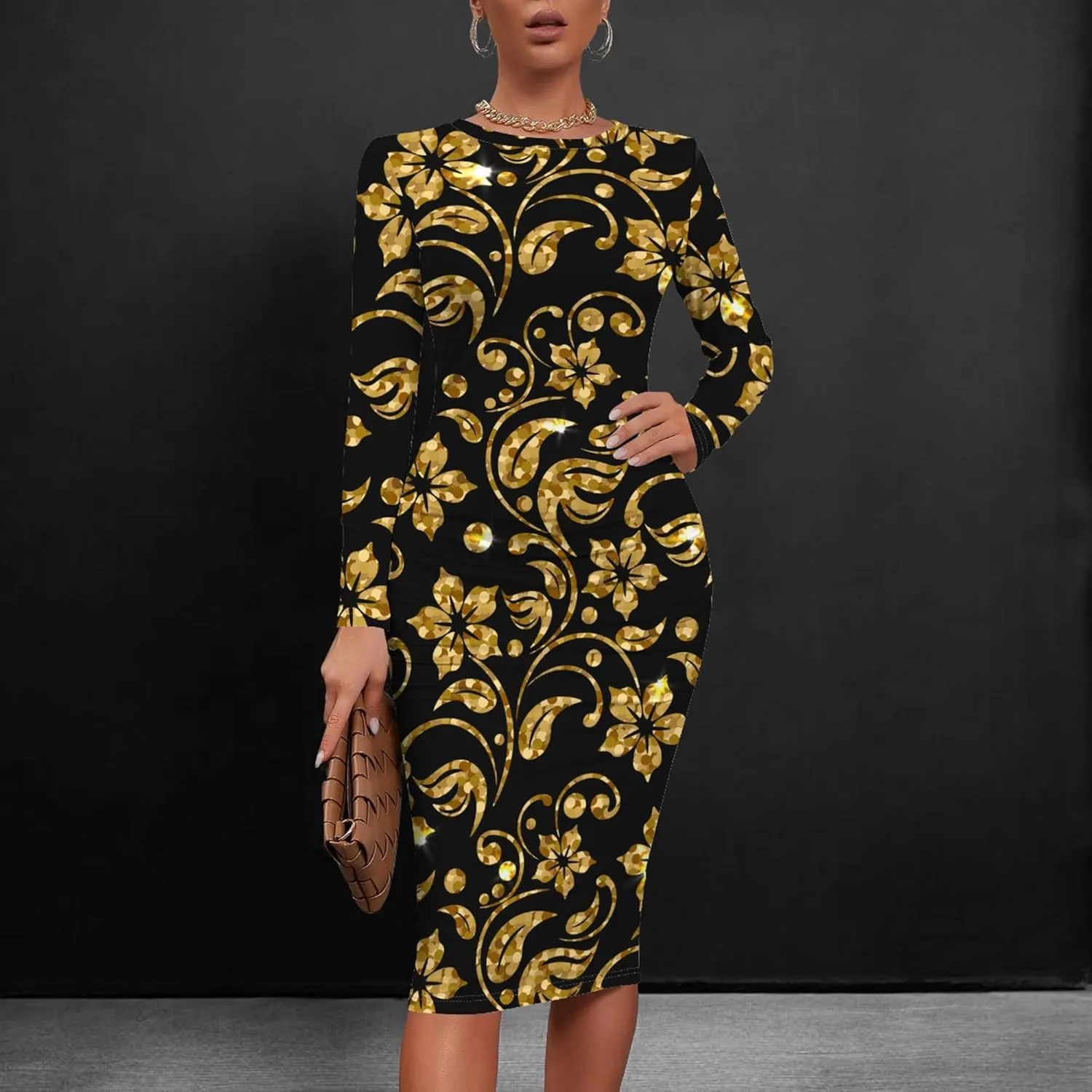 Plus Size Dresses for Curvy Women Casual Trendy Long Sleeve Round Neck Wrap Ruched Pencil Above Knee Party Club Midi Dress