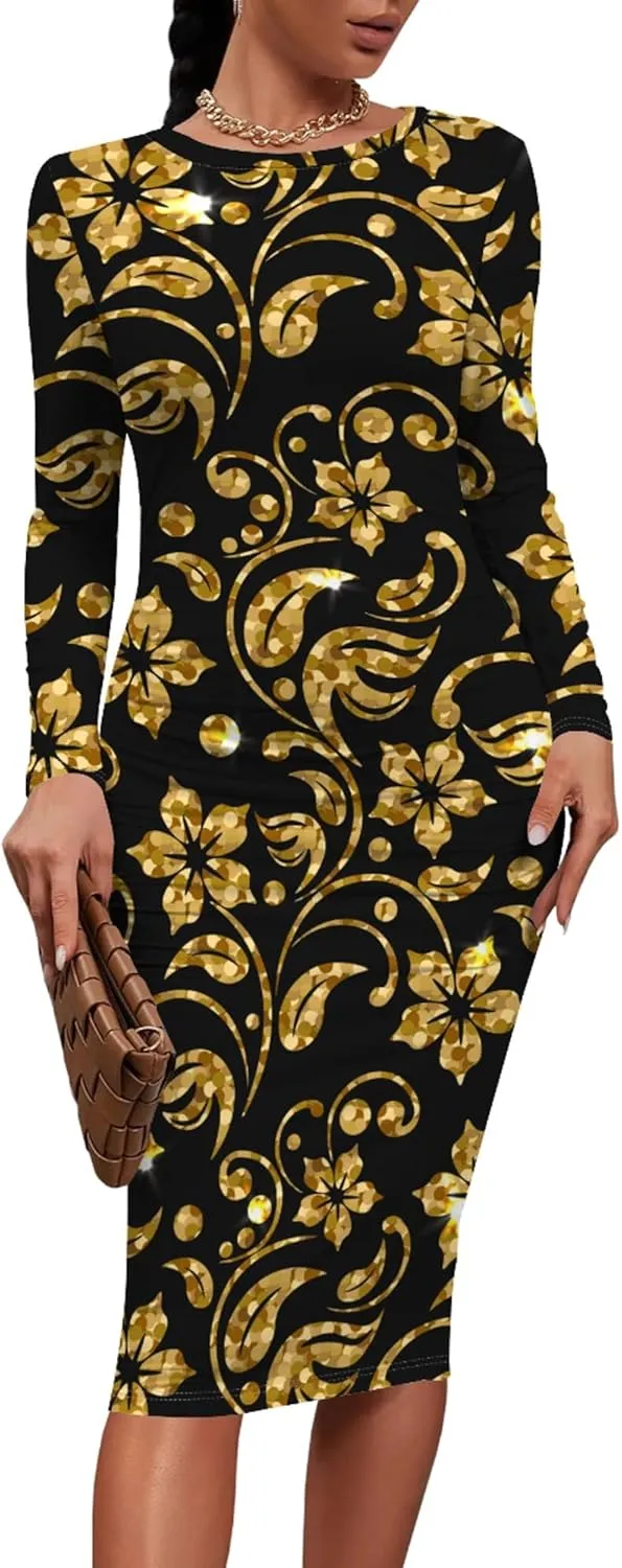 Plus Size Dresses for Curvy Women Casual Trendy Long Sleeve Round Neck Wrap Ruched Pencil Above Knee Party Club Midi Dress