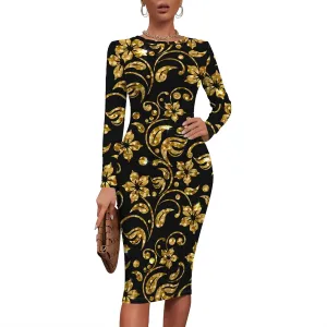 Plus Size Dresses for Curvy Women Casual Trendy Long Sleeve Round Neck Wrap Ruched Pencil Above Knee Party Club Midi Dress