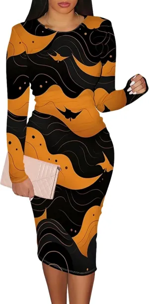 Plus Size Dresses for Curvy Women Long Sleeve Round Neck Casual Trendy Wrap Ruched Pencil Above Knee Club Party Midi Dress