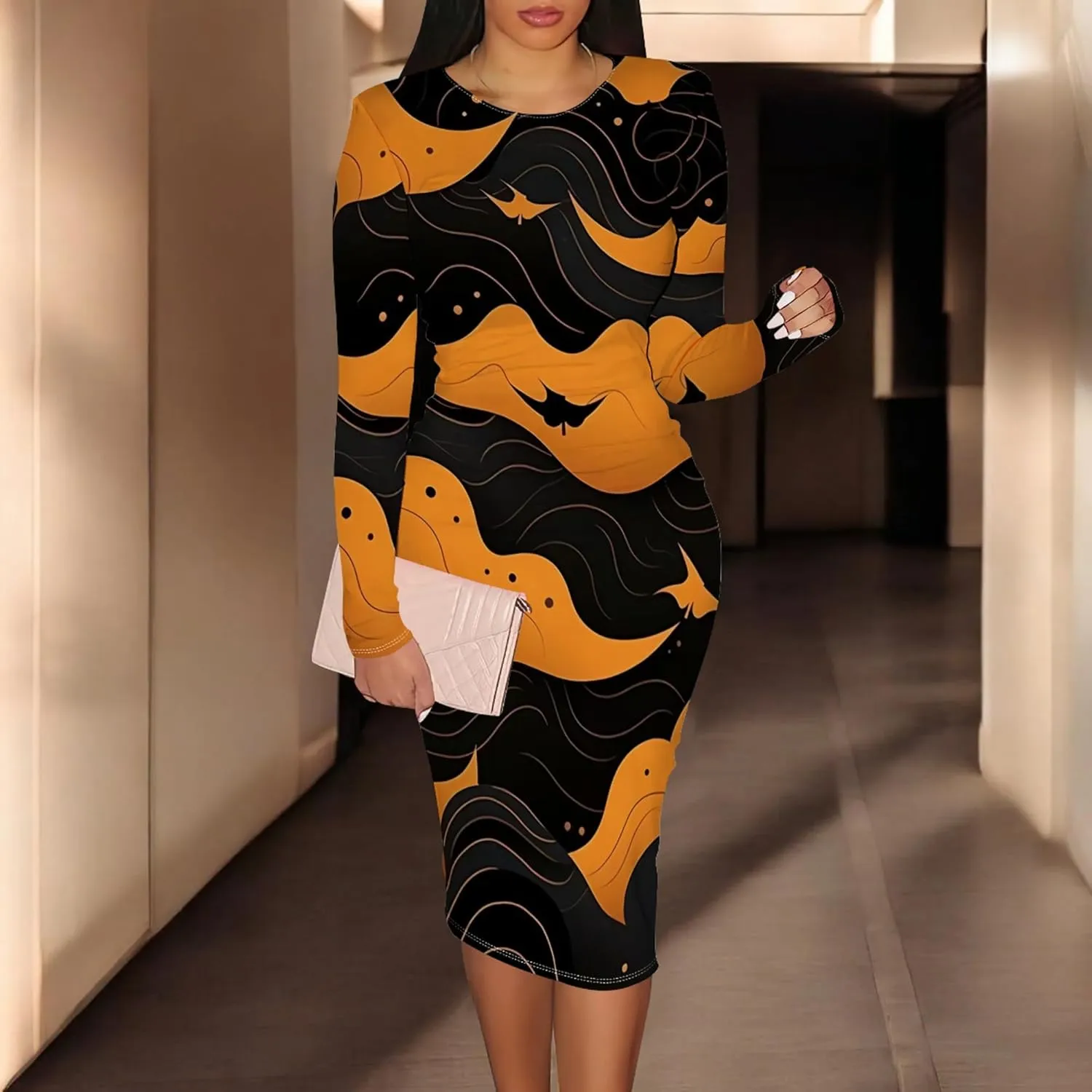 Plus Size Dresses for Curvy Women Long Sleeve Round Neck Casual Trendy Wrap Ruched Pencil Above Knee Club Party Midi Dress