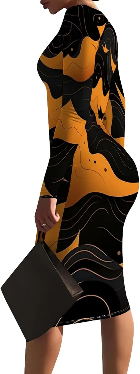 Plus Size Dresses for Curvy Women Long Sleeve Round Neck Casual Trendy Wrap Ruched Pencil Above Knee Club Party Midi Dress