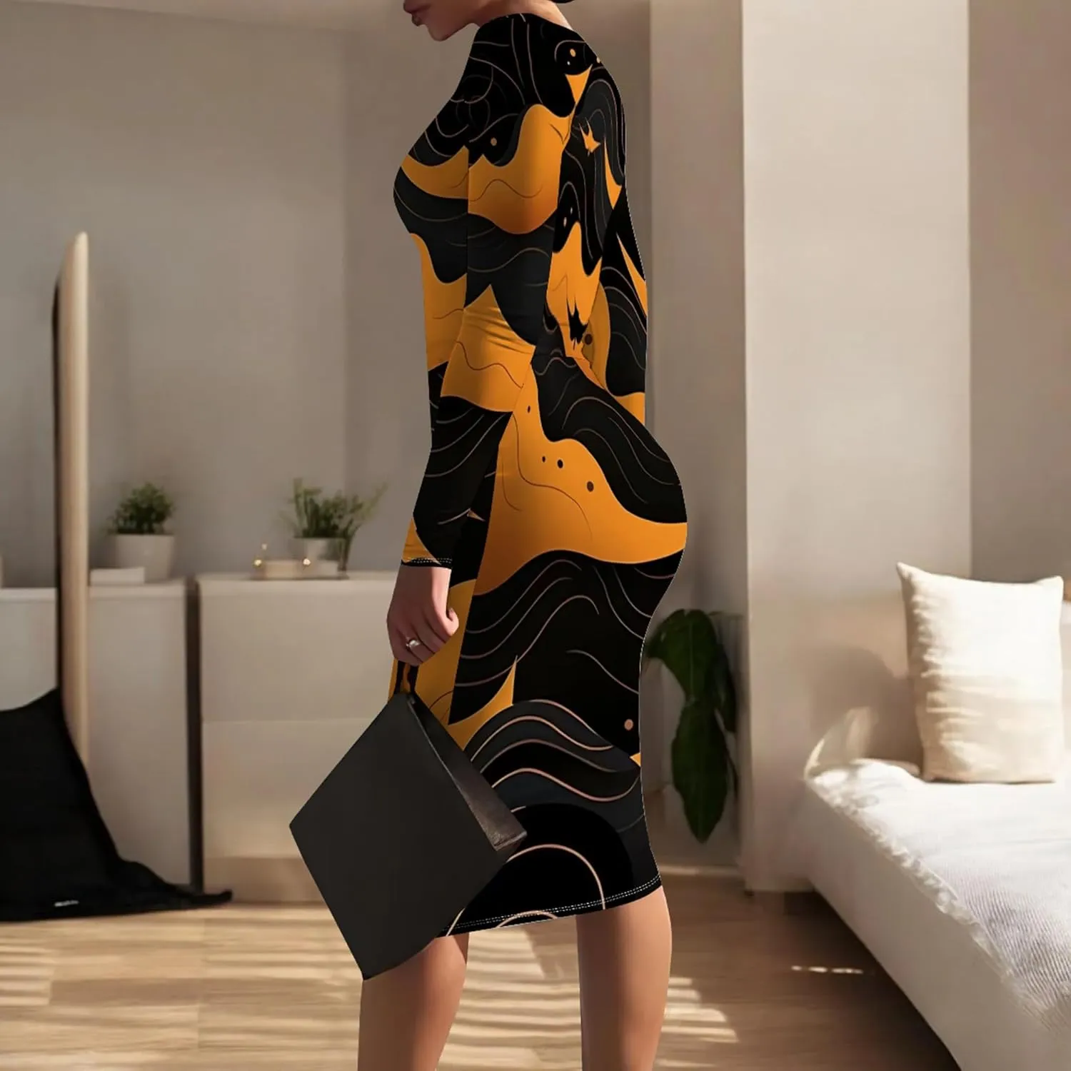Plus Size Dresses for Curvy Women Long Sleeve Round Neck Casual Trendy Wrap Ruched Pencil Above Knee Club Party Midi Dress
