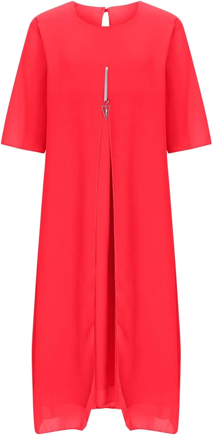 Plus Size Dresses for Women Solid Color Crewneck 3/4 Sleeve Summer Midi Dress Elegant Casual Pleated Chiffon Dress