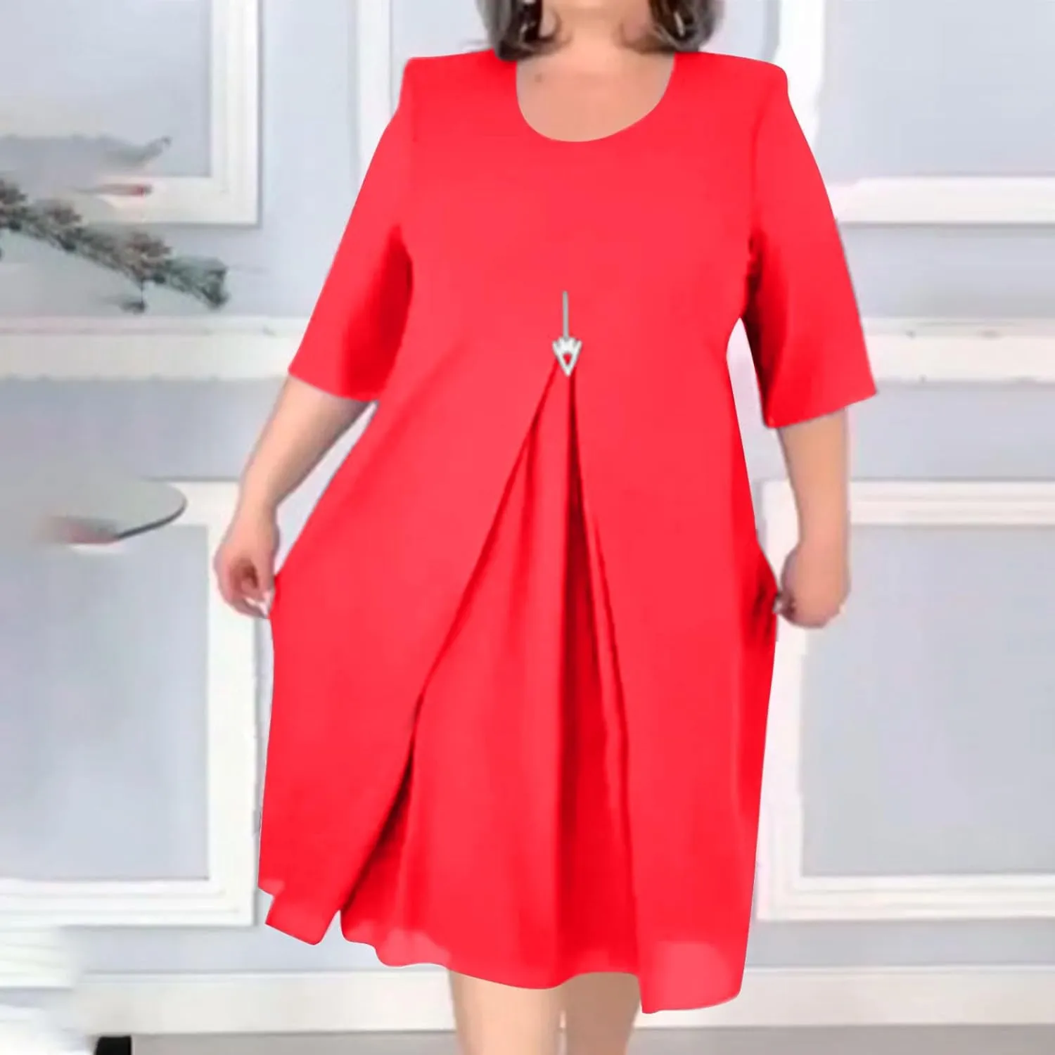 Plus Size Dresses for Women Solid Color Crewneck 3/4 Sleeve Summer Midi Dress Elegant Casual Pleated Chiffon Dress