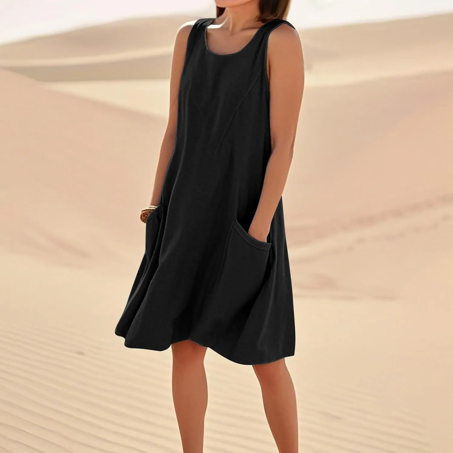 Plus Size Sundresses for Women 2025 Summer Loose Casual A Line Vacation Dress Sleeveless Midi Tank Dress with Pockets