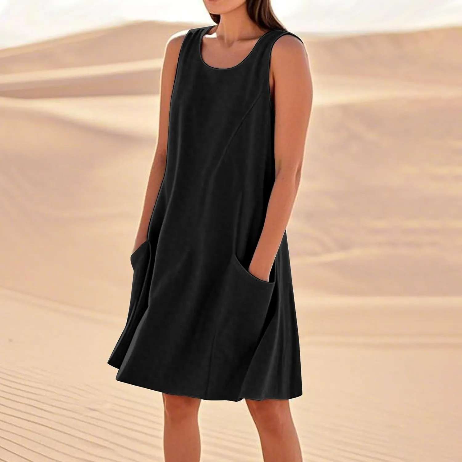 Plus Size Sundresses for Women 2025 Summer Loose Casual A Line Vacation Dress Sleeveless Midi Tank Dress with Pockets